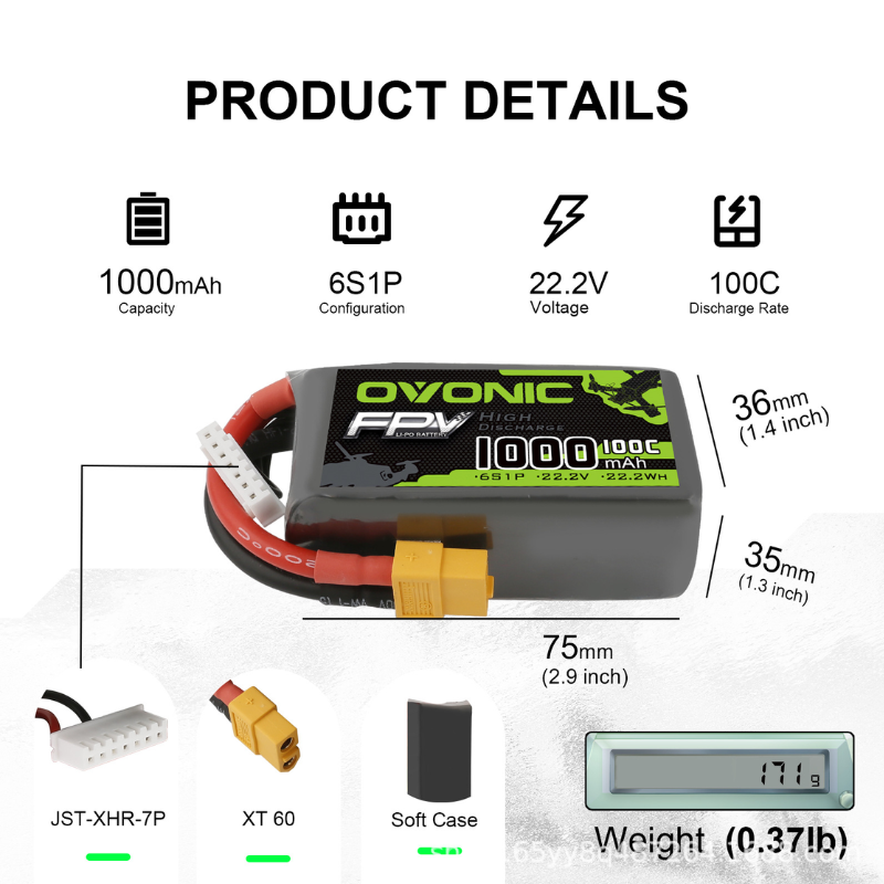 2Pcs OVONIC 1000mAh 100C 22.2V - Drone Battery 6S avaliação e preço